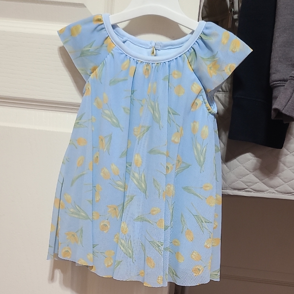 Blue Tulip Print Flutter Sleeve Kids Dress